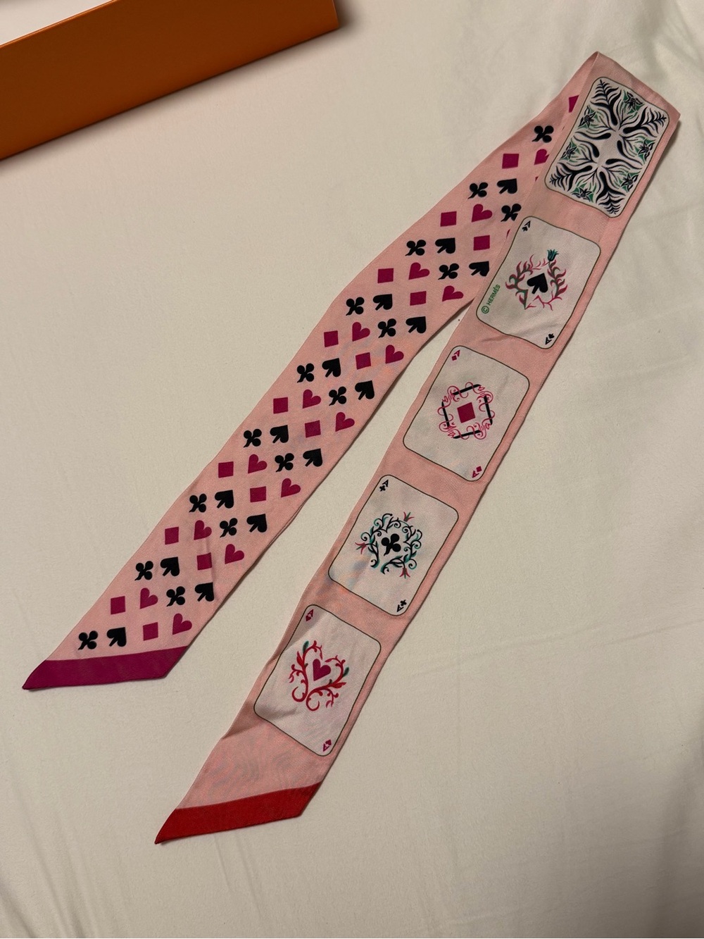 Hermes Pink Playing Card Printed Silk Twilly Scarf - Picture 2 of 2